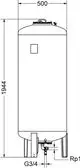 Vertikales, zylindrisches Druckgefäß mit einem Anschluss an der Unterseite, hergestellt von IMI Hydronic Engineering. Maße sind im Bild dargestellt.